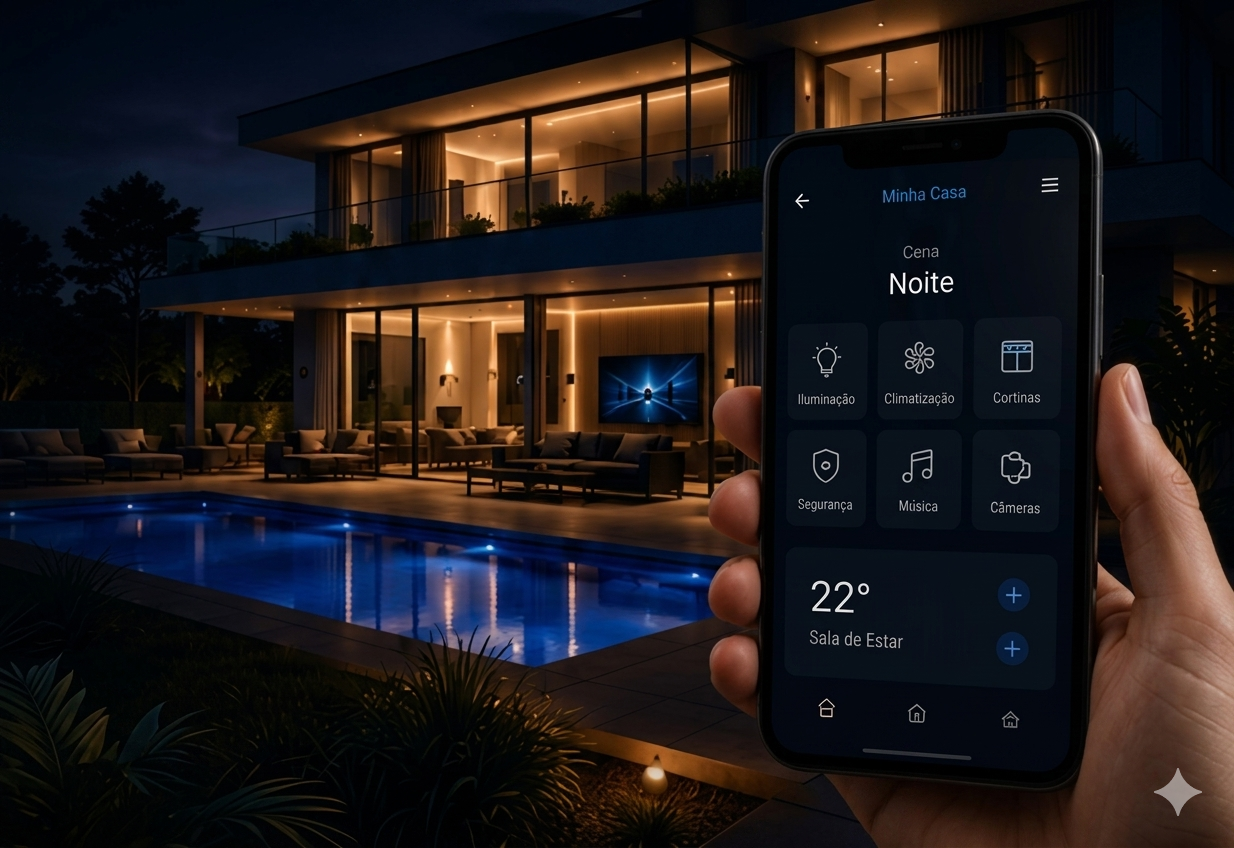 Foto de fachada de casa moderna ao anoitecer com iluminação impactante