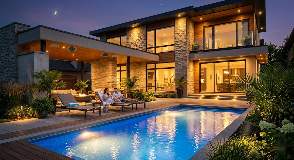 Fachada de casa com piscina iluminada e alto-falantes integrados tocando som ambiente