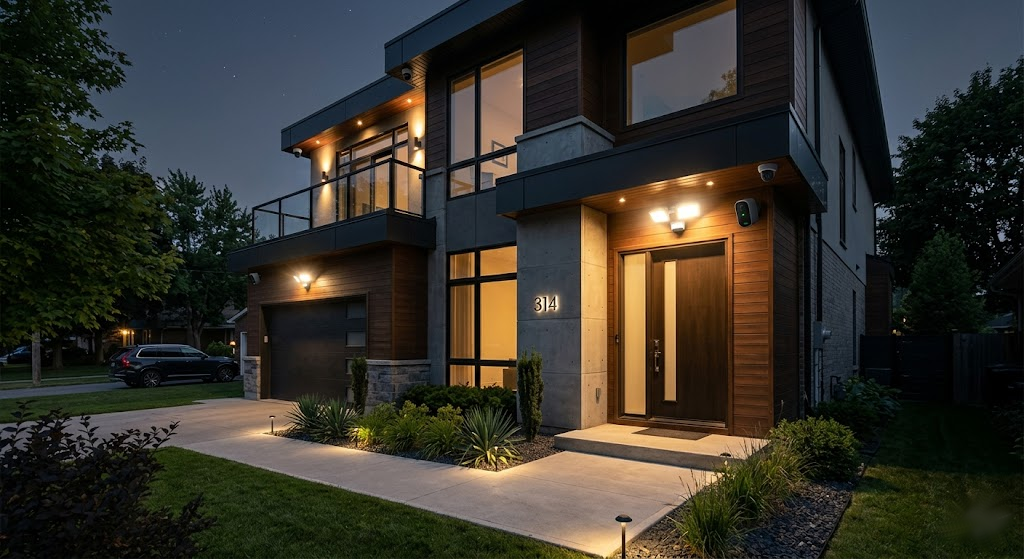 Fachada de casa moderna com câmeras de segurança integradas e luzes de sensor acesas