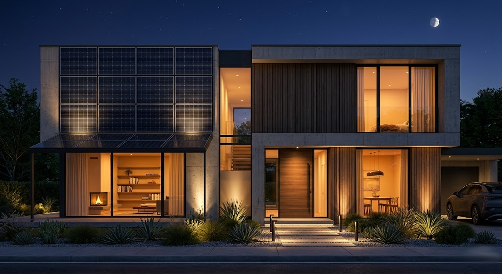 Fachada de casa moderna com painéis solares iluminados por uplighting e luzes internas quentes